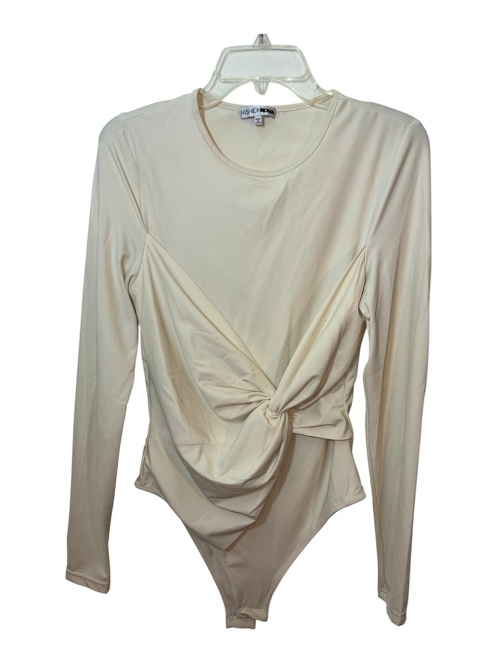 Fashion Nova Cream Long Sleeve Twist Front Bodysuit